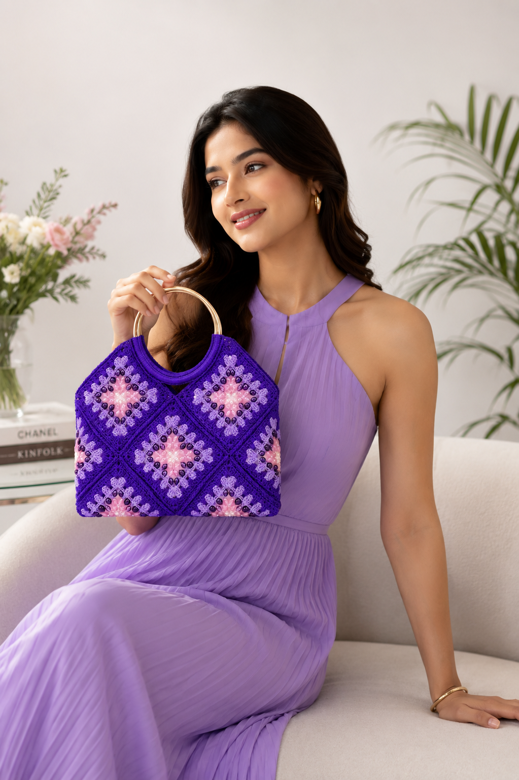 crystal beaded granny square crochet handbag