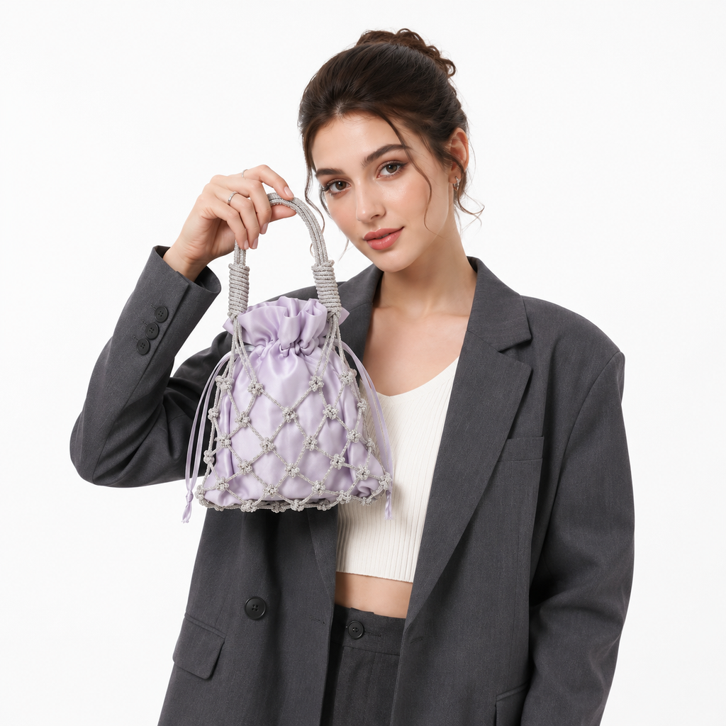 Lilac Satin Crystal-Mesh Pouch