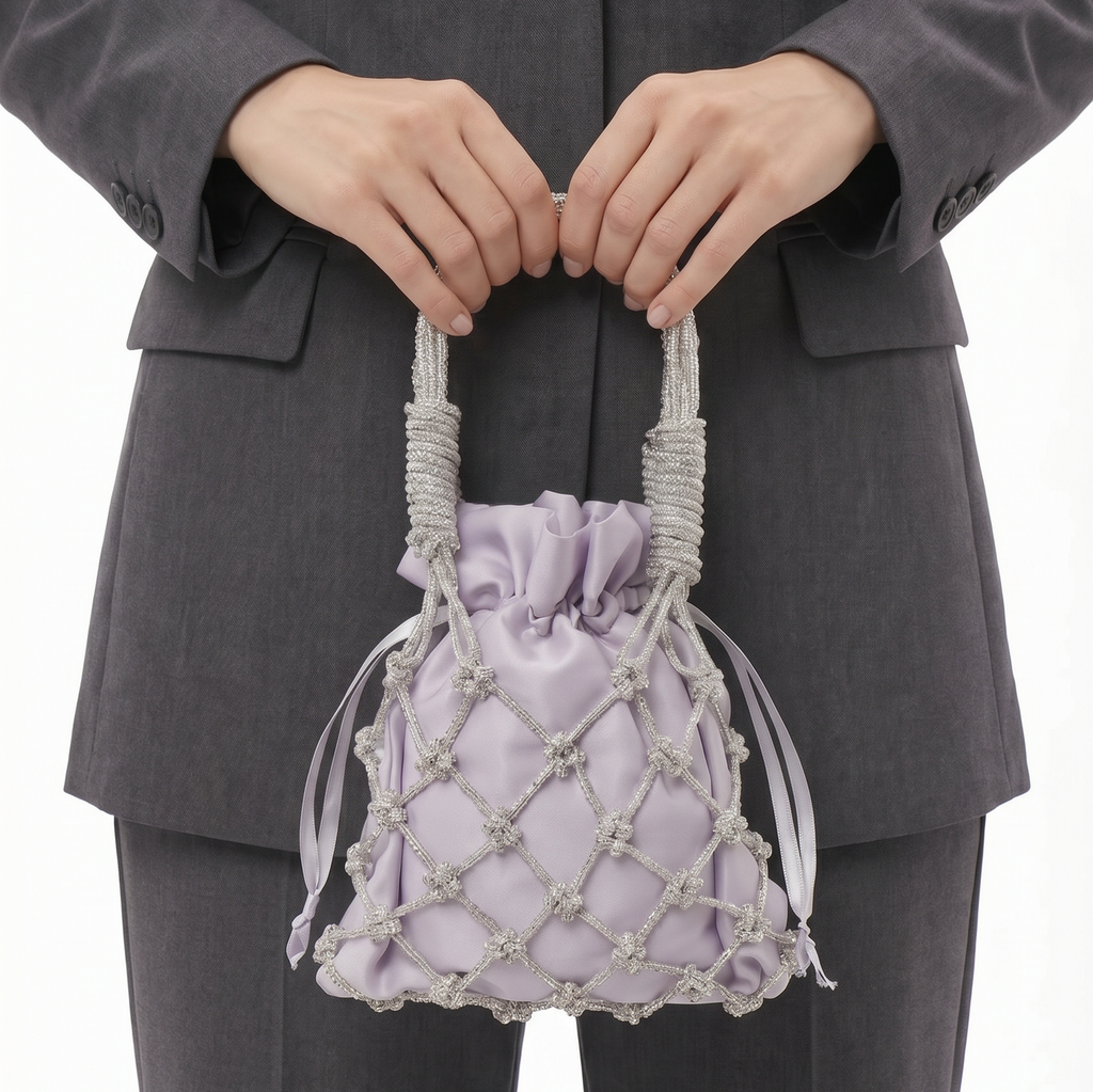 Lilac Satin Crystal-Mesh Pouch