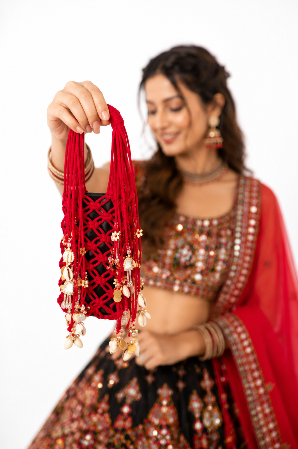Boho Charm Mini Macrame Bottle Holder Bag – Red