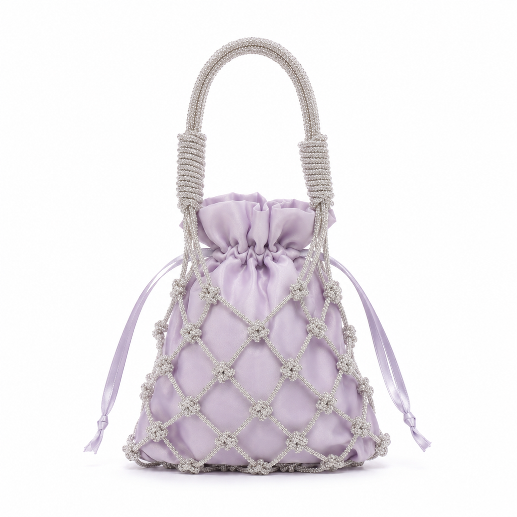 Lilac Satin Crystal-Mesh Pouch