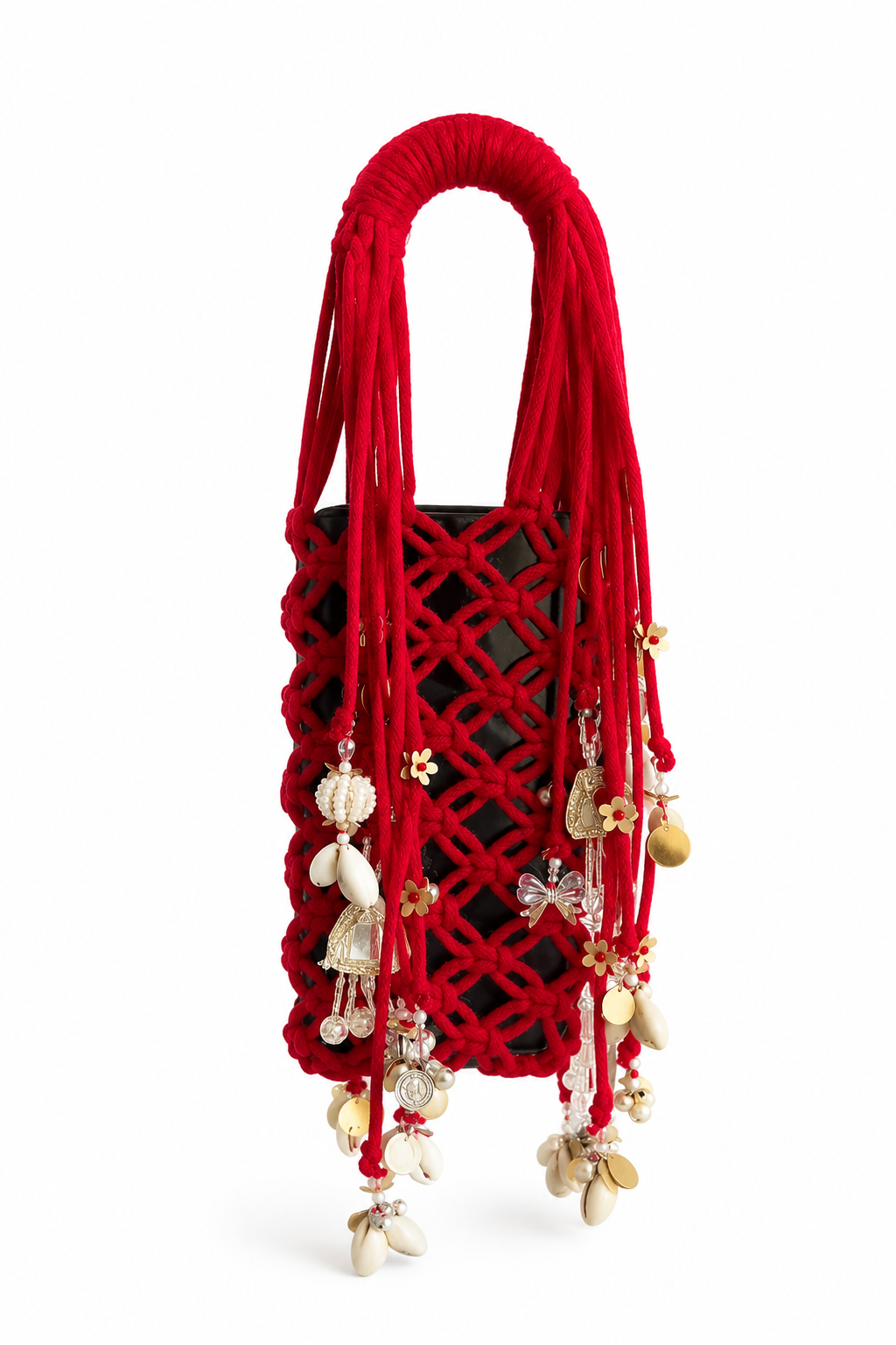 Boho Charm Mini Macrame Bottle Holder Bag – Red